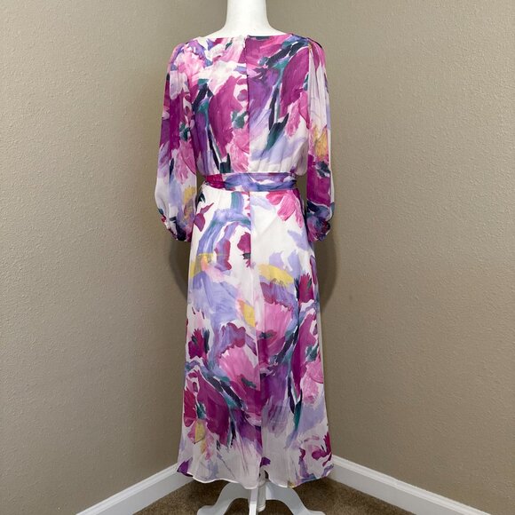 DKNY Women's Floral-Print Balloon-Sleeve Tie-Waist V-Neck Dress Size 12 - Picture 5 of 10
